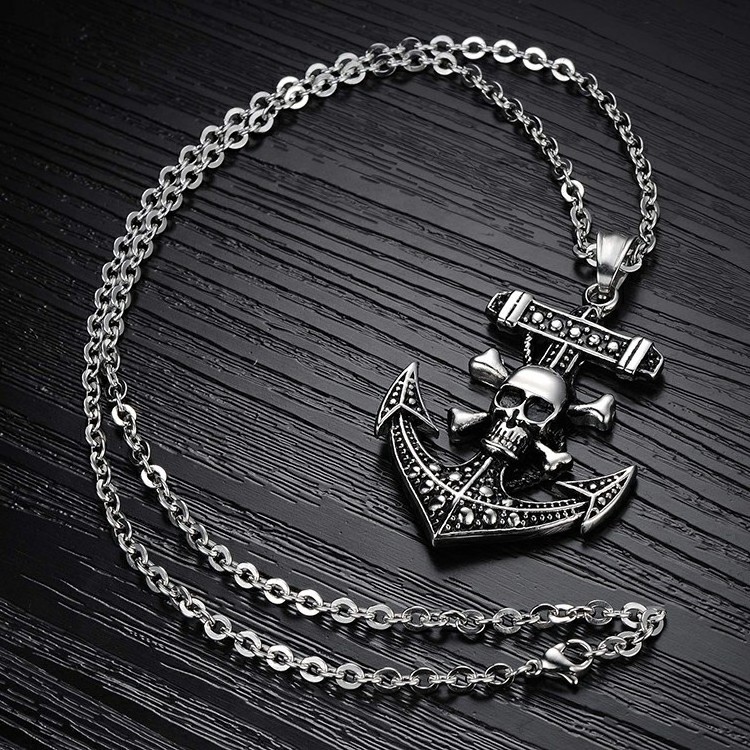 Vintage Retro Gothic Men Engraved Cross Skull Jewelry Stainless Steel Anchor Pendant