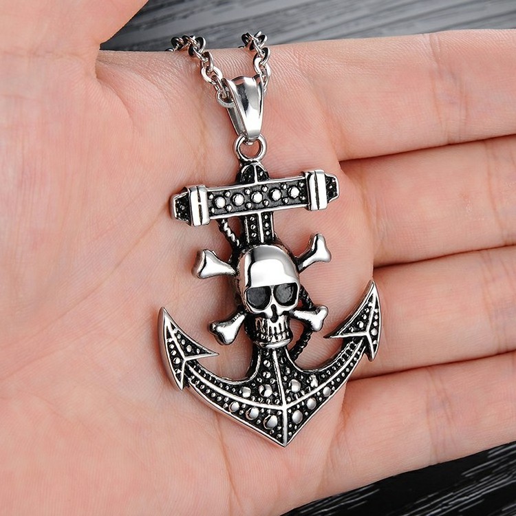 Vintage Retro Gothic Men Engraved Cross Skull Jewelry Stainless Steel Anchor Pendant