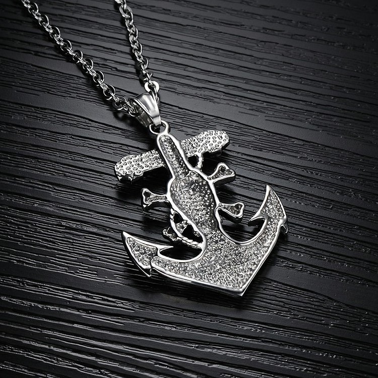 Vintage Retro Gothic Men Engraved Cross Skull Jewelry Stainless Steel Anchor Pendant