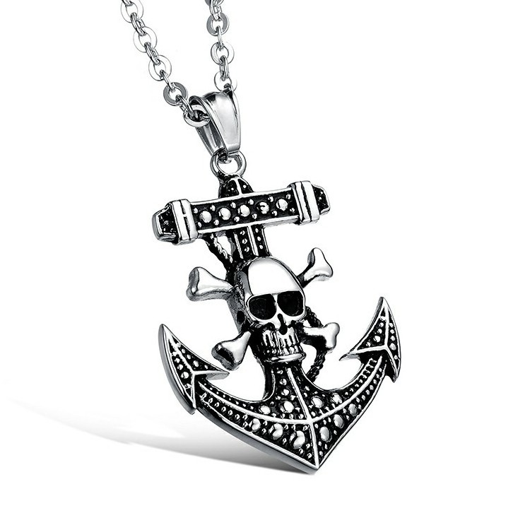 Vintage Retro Gothic Men Engraved Cross Skull Jewelry Stainless Steel Anchor Pendant