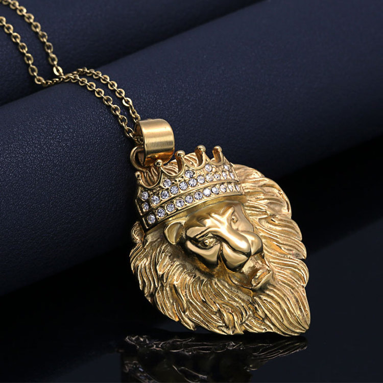 Marlary Hip Hop Style Crystal Rhinestones Stainless Steel 18K Gold Plated King Crown Lion Head Pendant