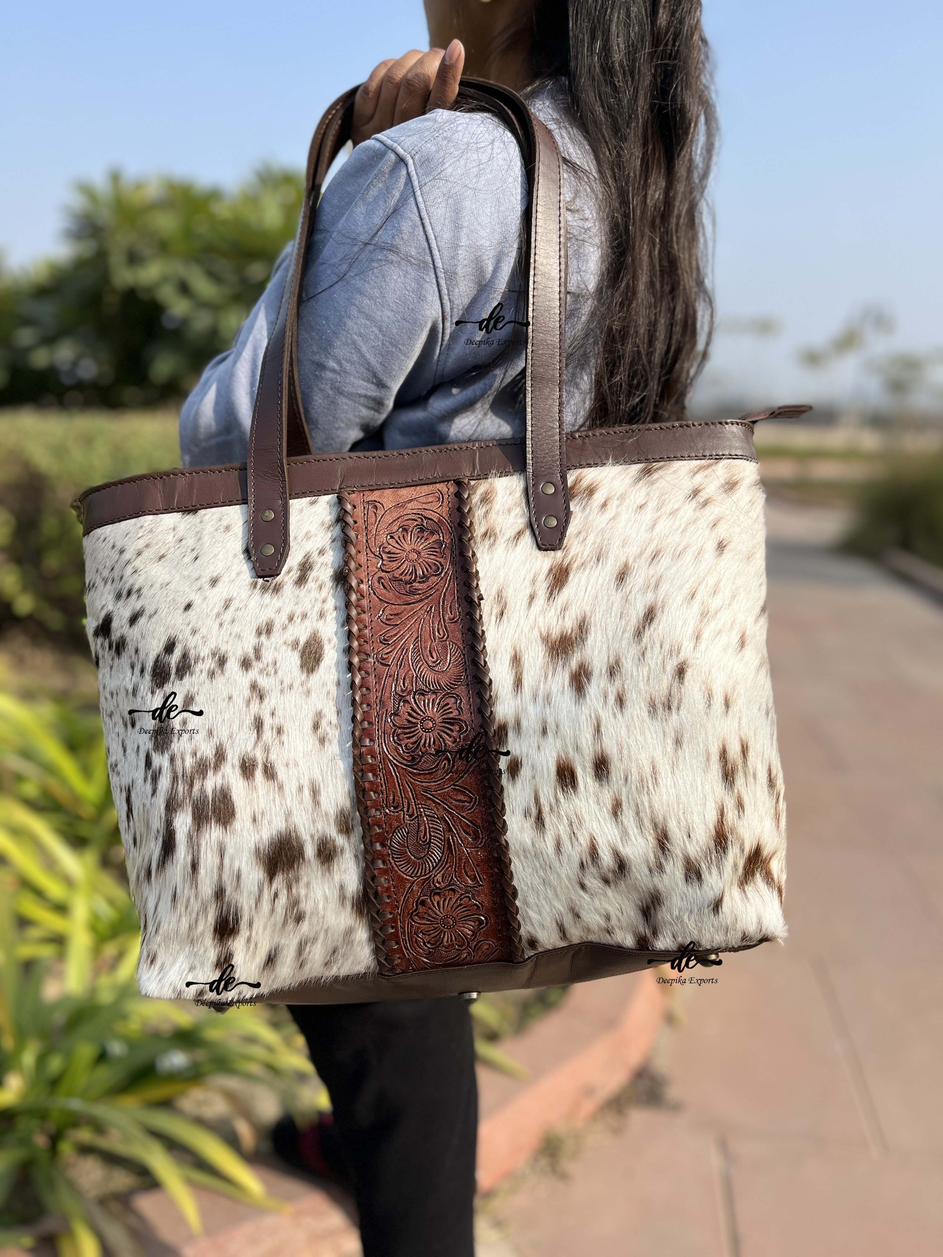 New Arrival Hand Tooled Carving Handbag Tote Bag Real Cowhide Fur Leather Bag Big Size Bags Great Collection Of Ladies Purse