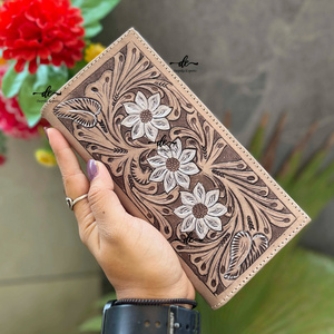 Long Wallet Hand Tooled Carving Leather Western Style Men's Hot Sale Fashion Flower Design Stylish Cash Holder Unisex Wallet