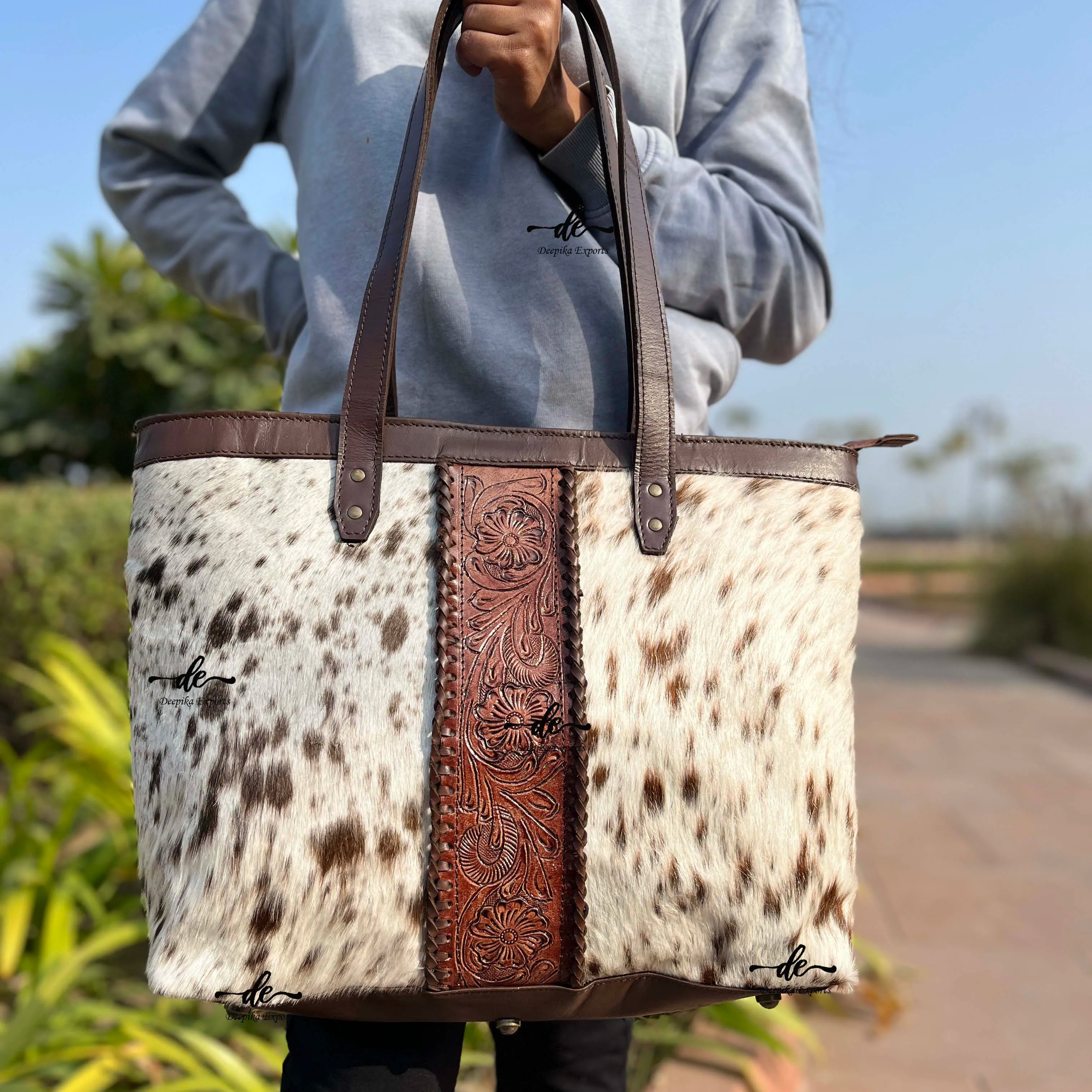 New Arrival Hand Tooled Carving Handbag Tote Bag Real Cowhide Fur Leather Bag Big Size Bags Great Collection Of Ladies Purse