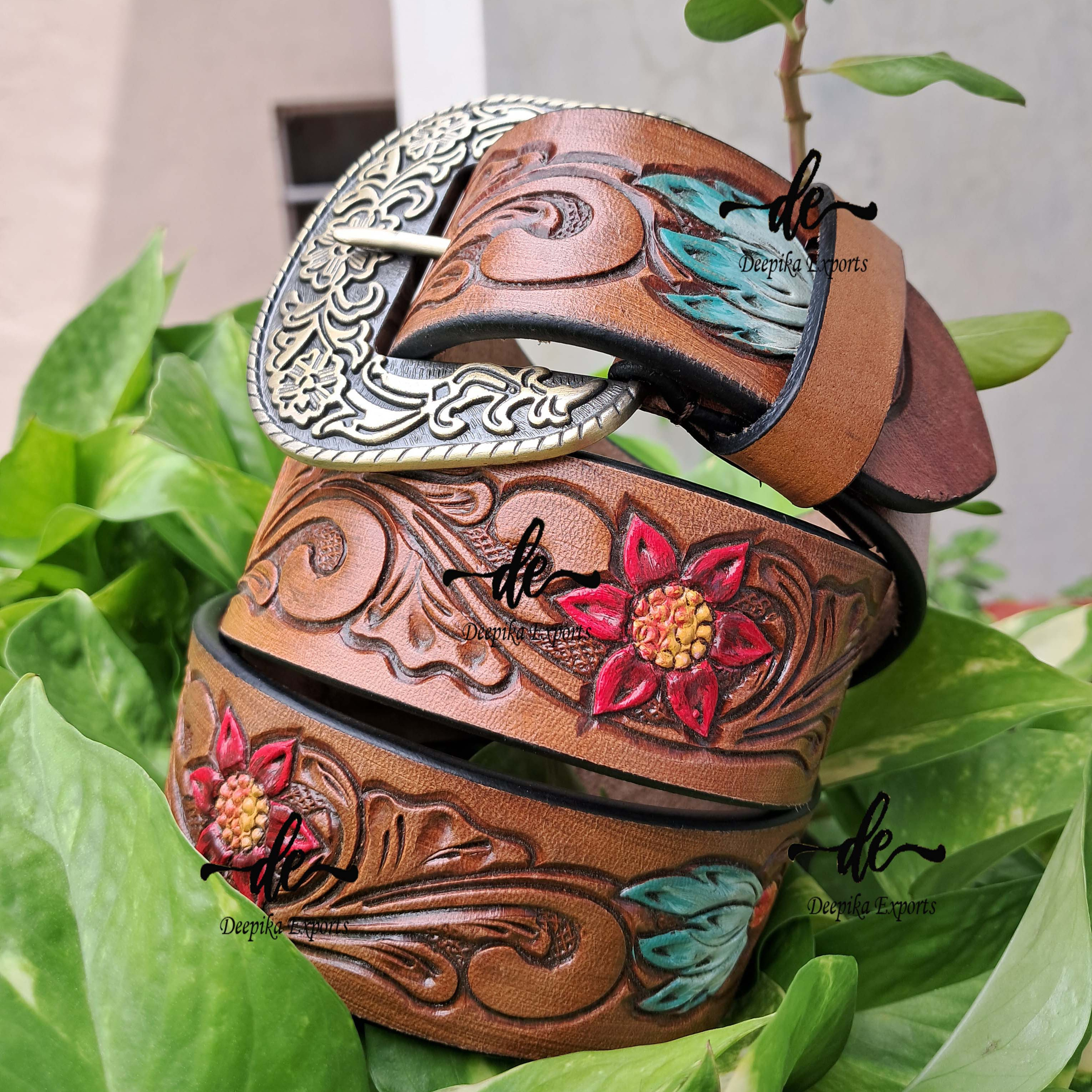 High Quality Leather Belts Hand Tooled Carving Stylish Turquoise Color  Unisex Hot Sale Leather Buckle Belts