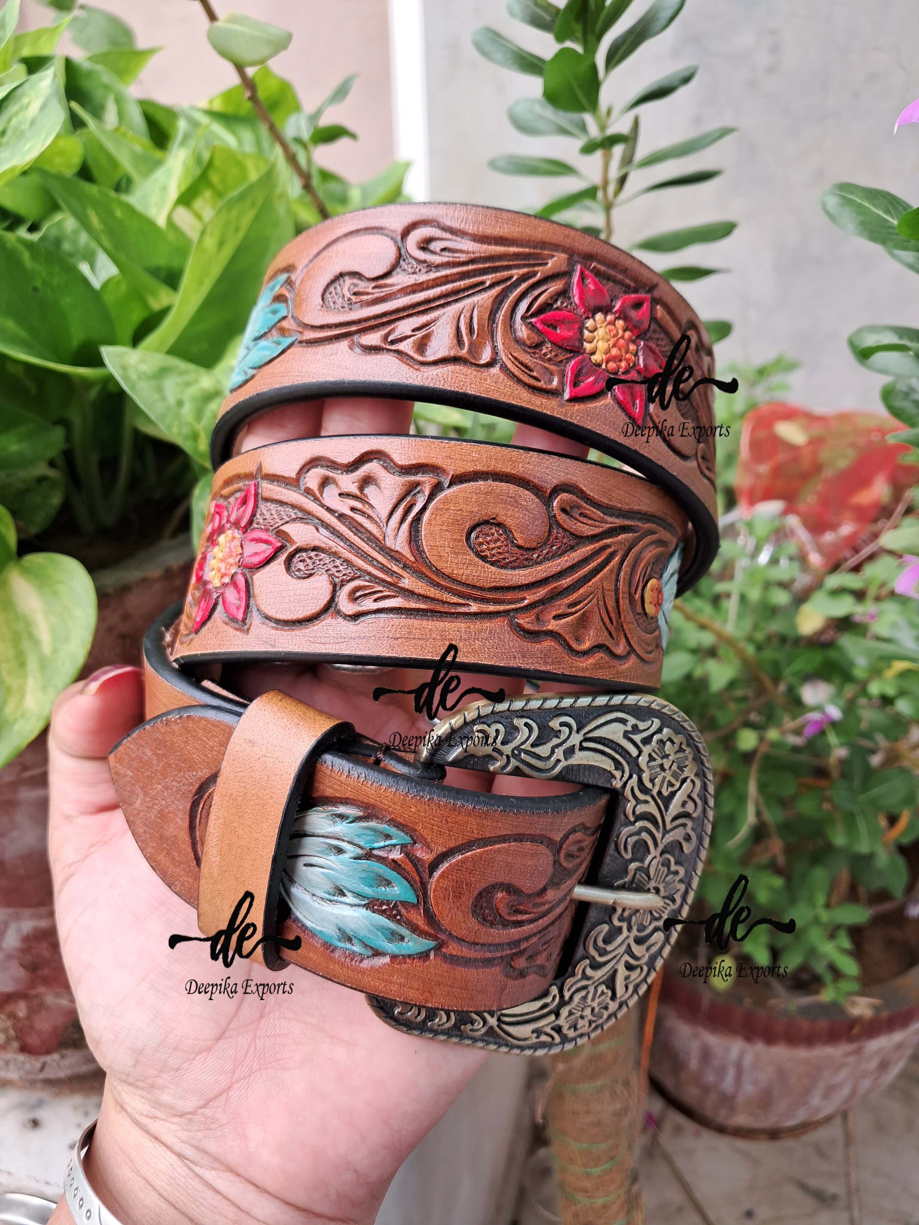 High Quality Leather Belts Hand Tooled Carving Stylish Turquoise Color  Unisex Hot Sale Leather Buckle Belts