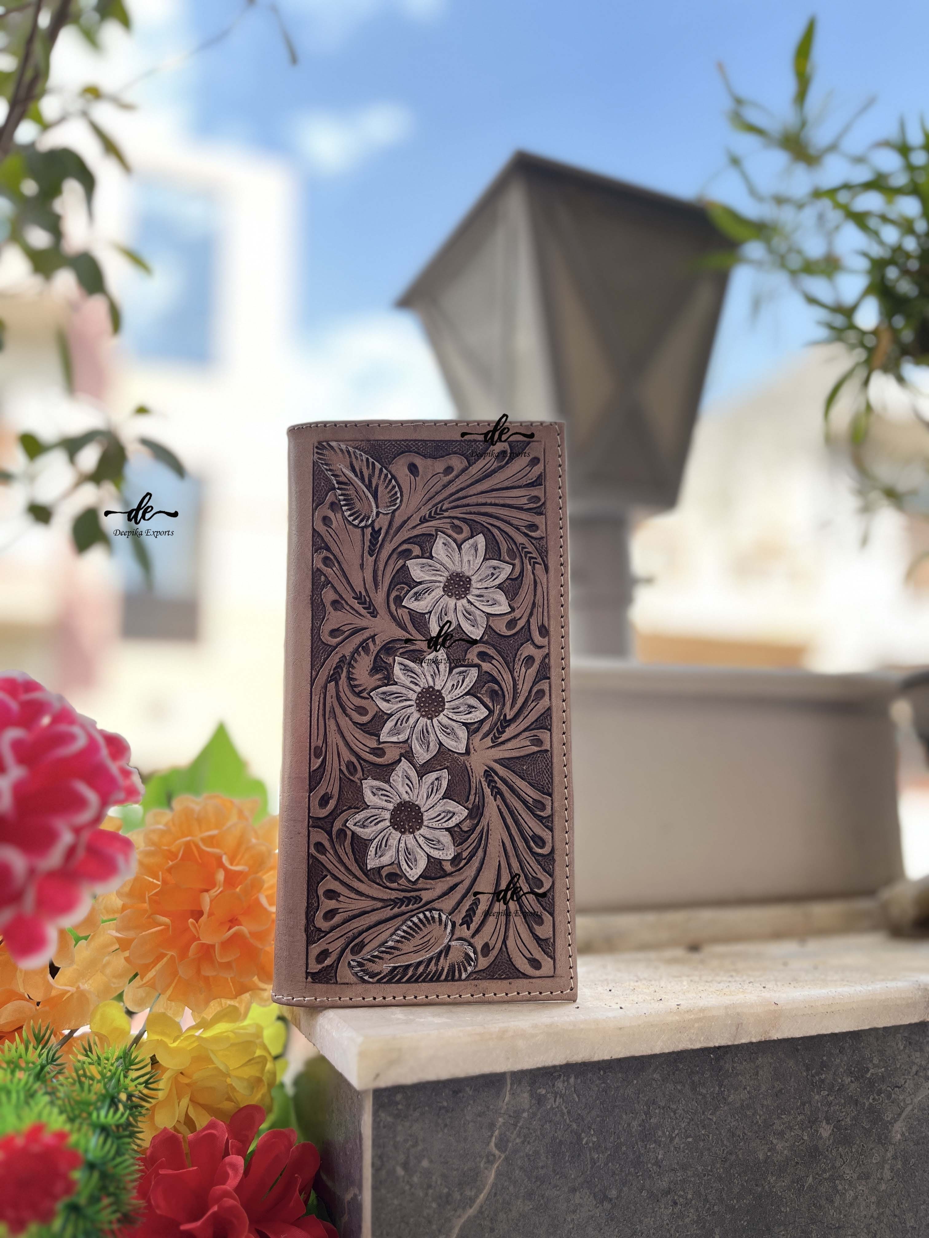 Long Wallet Hand Tooled Carving Leather Western Style Men's Hot Sale Fashion Flower Design Stylish Cash Holder Unisex Wallet