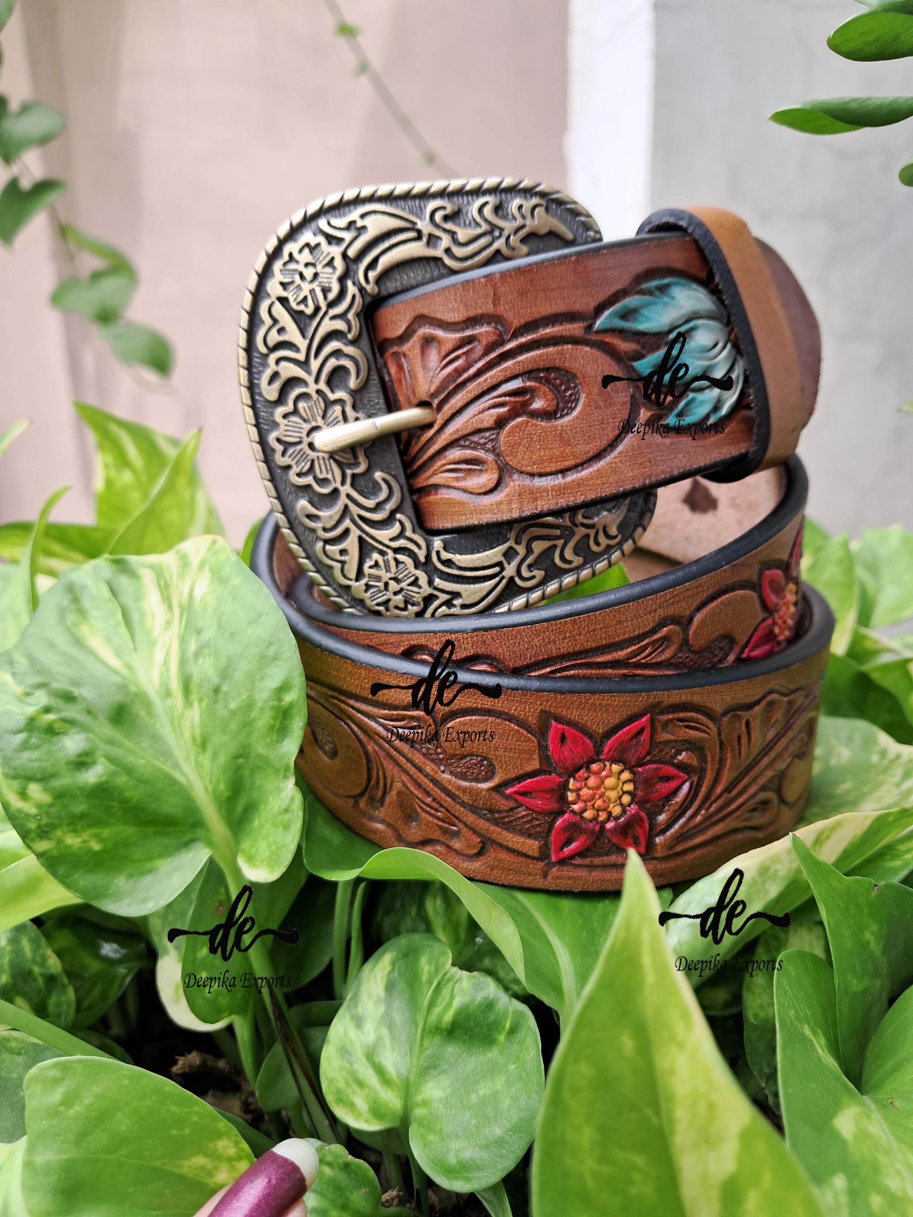 High Quality Leather Belts Hand Tooled Carving Stylish Turquoise Color  Unisex Hot Sale Leather Buckle Belts