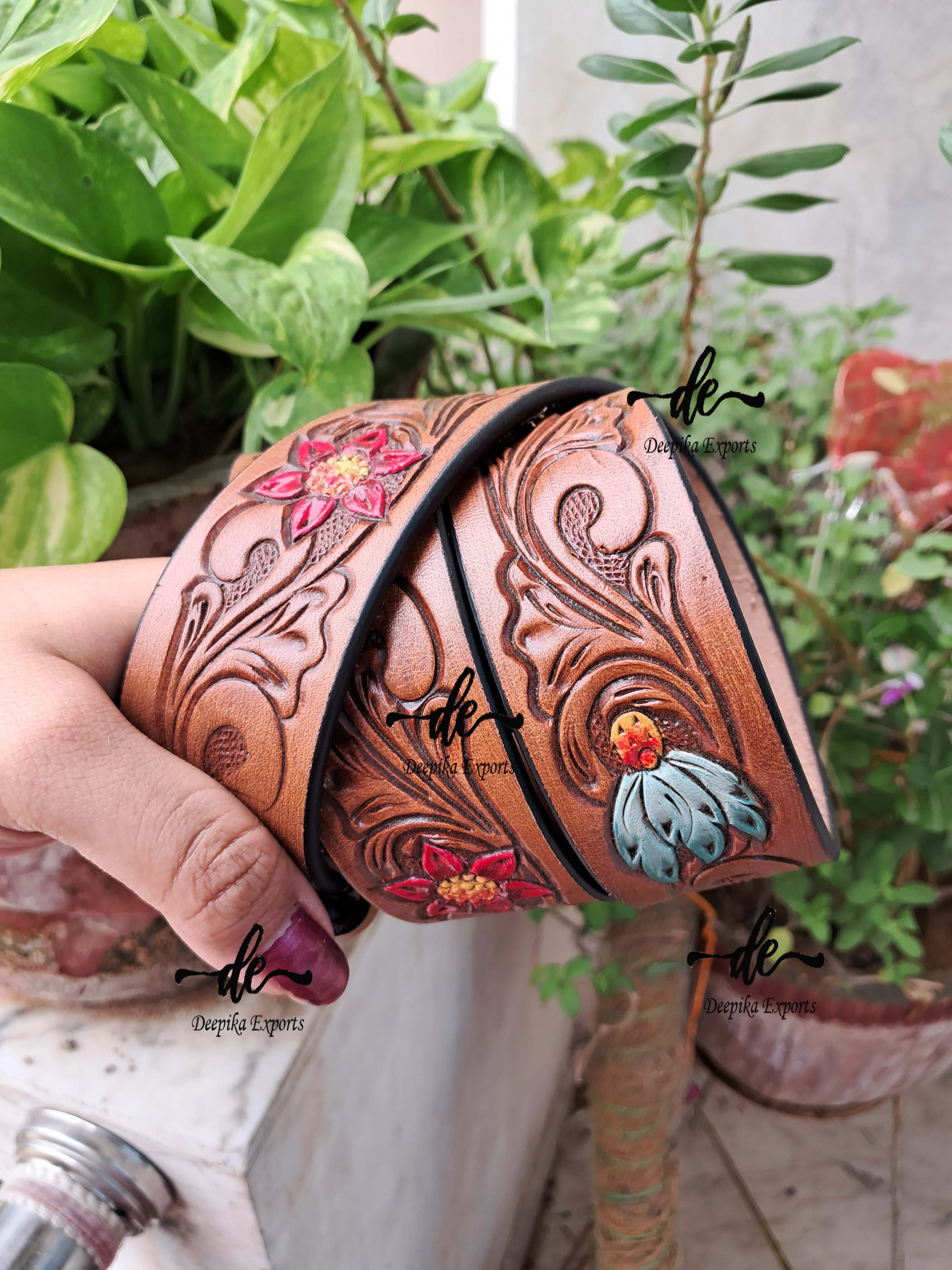 High Quality Leather Belts Hand Tooled Carving Stylish Turquoise Color  Unisex Hot Sale Leather Buckle Belts