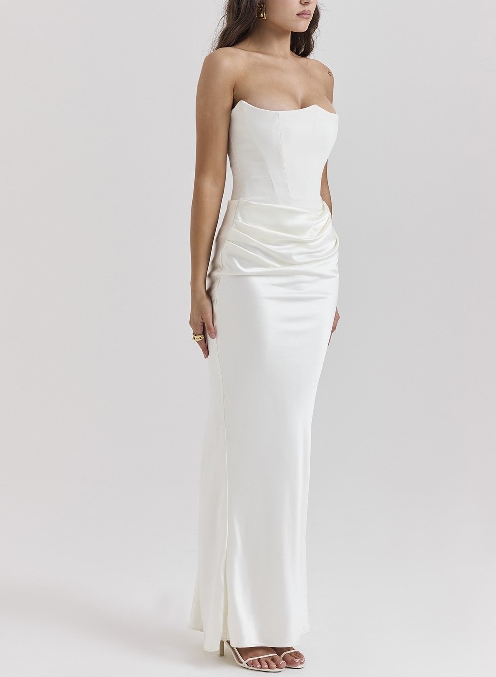 OEM Backless Sexy Sleeveless Strapless Ruched Maxi Satin Bodycon Elegant Long Dress All White Slim Solid Color Custom Lady