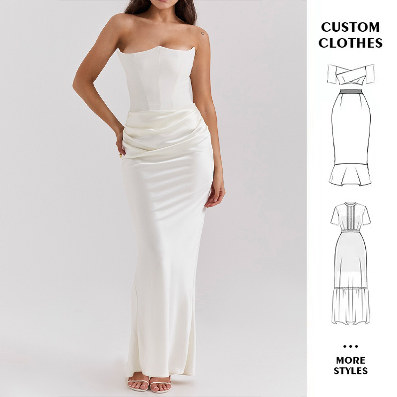 OEM Backless Sexy Sleeveless Strapless Ruched Maxi Satin Bodycon Elegant Long Dress All White Slim Solid Color Custom Lady