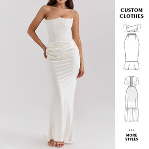 OEM Backless Sexy Sleeveless Strapless Ruched Maxi Satin Bodycon Elegant Long Dress All White Slim Solid Color Custom Lady