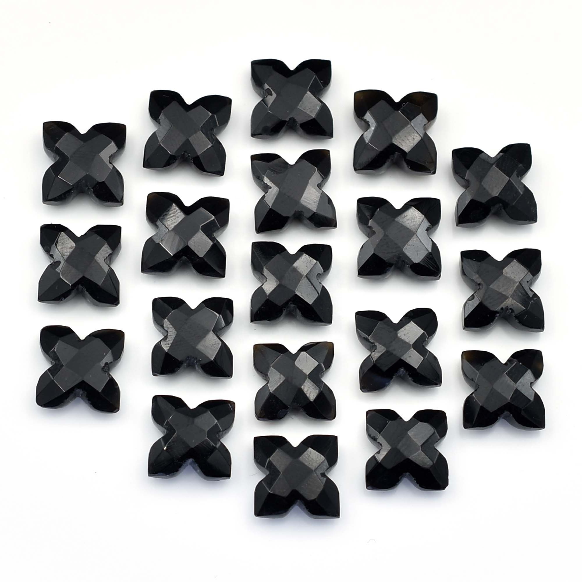 4 Petals Leaf Carved Gemstone Clover, Black Onyx Flower Carved Stone Beads