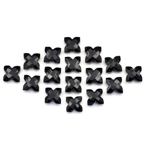 4 Petals Leaf Carved Gemstone Clover, Black Onyx Flower Carved Stone Beads