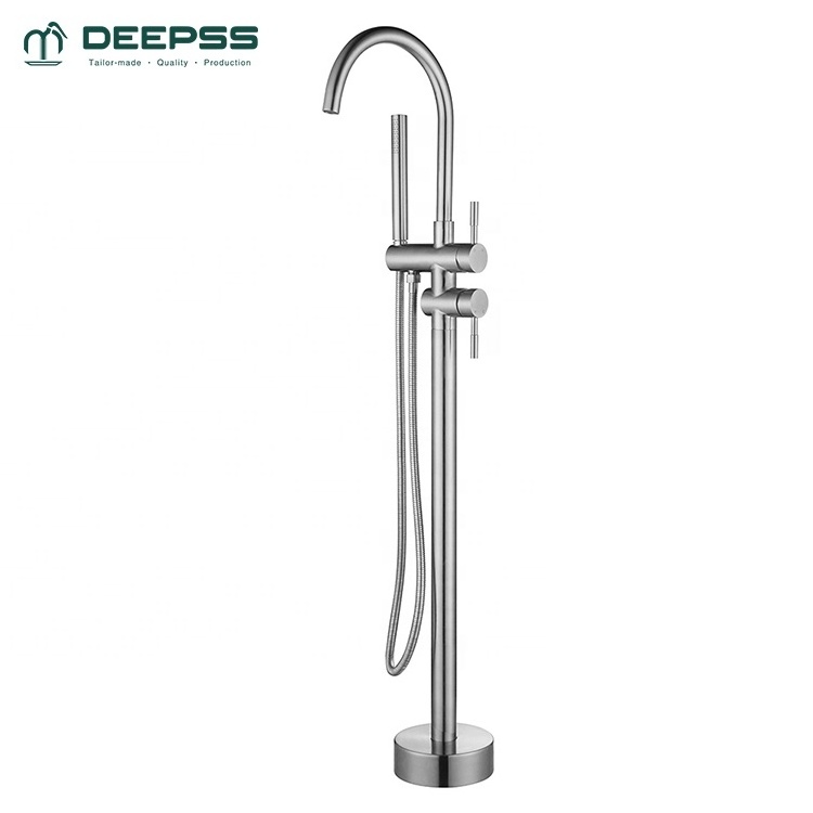 DEEPSS modern round bathroom 304 stainless steel floor mount bath tap free standing tub faucet free standing faucets