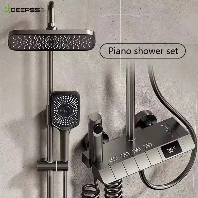 DEEPSS Luxury Piano Keys Modern Bath Faucet Brass Best Sellers Bathroom Tap Sets Wall Matte Grey LED Thermostatic Shower Set