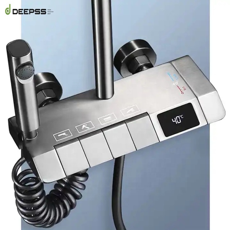 DEEPSS Luxury Piano Keys Modern Bath Faucet Brass Best Sellers Bathroom Tap Sets Wall Matte Grey LED Thermostatic Shower Set