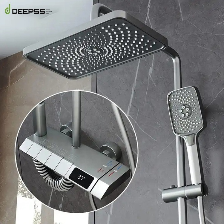 DEEPSS Luxury Piano Keys Modern Bath Faucet Brass Best Sellers Bathroom Tap Sets Wall Matte Grey LED Thermostatic Shower Set