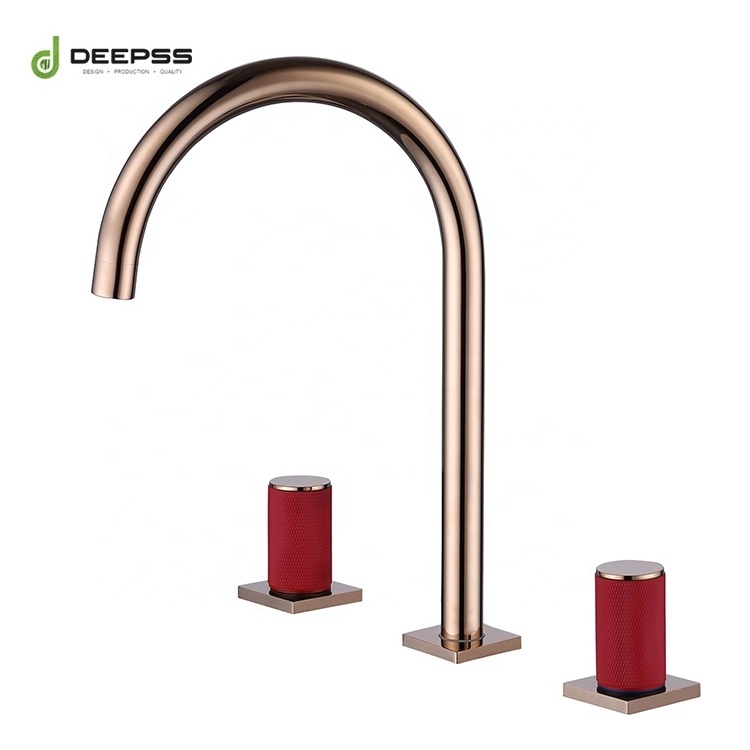 New Faucet Design Brushed Rose Gold Copper Bathroom Tap 3 Holes