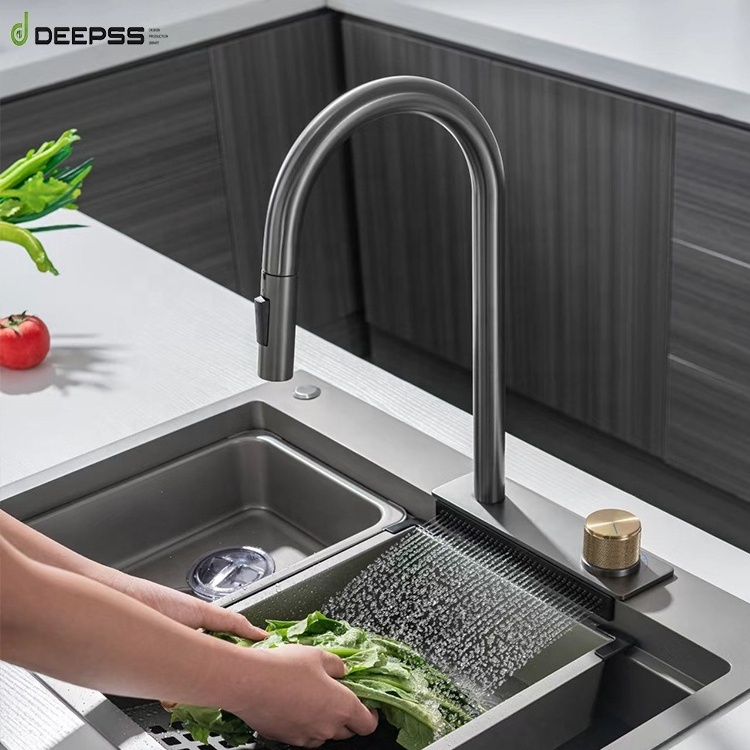 DEEPSS 304 stainless steel waterfall high end black pull out sprayer sink sets brushed copper mixer tap kitchen faucet