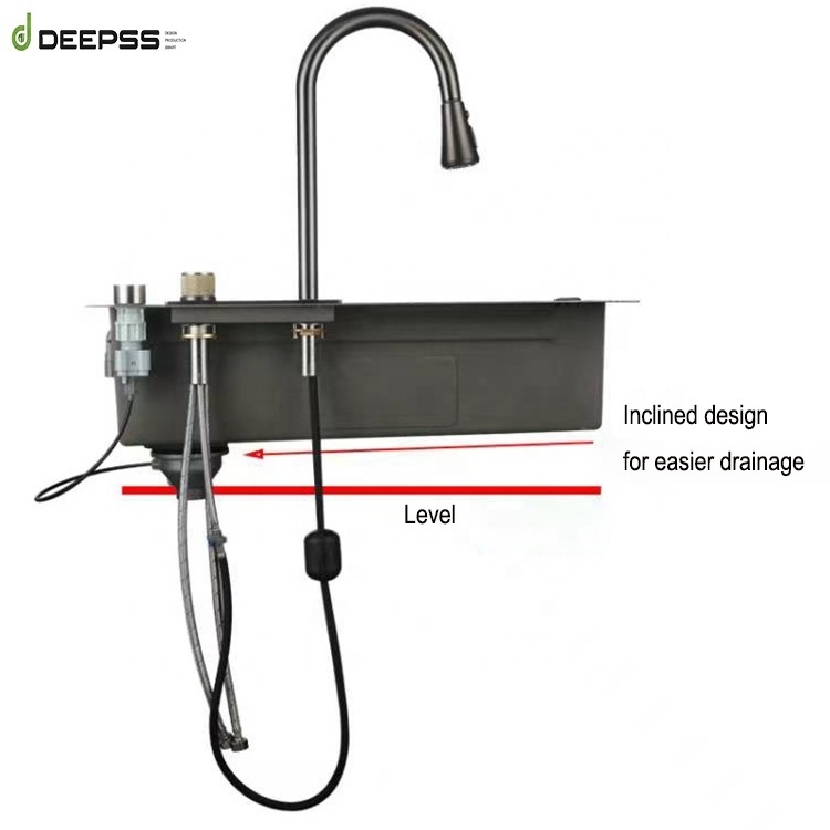 DEEPSS 304 stainless steel waterfall high end black pull out sprayer sink sets brushed copper mixer tap kitchen faucet