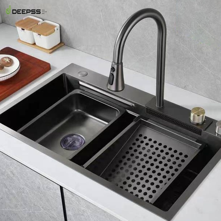 DEEPSS 304 stainless steel waterfall high end black pull out sprayer sink sets brushed copper mixer tap kitchen faucet