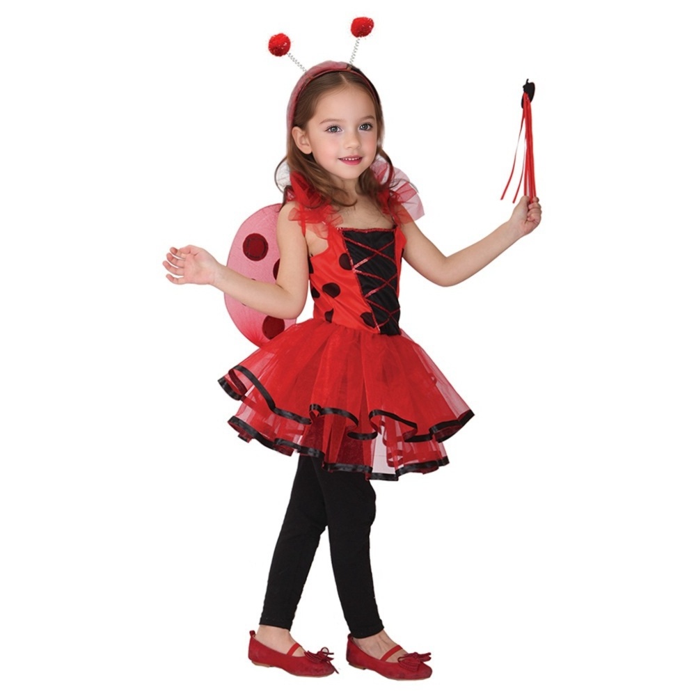 Popular Girls Halloween Ladybug Dress with Wings and Magic Wand Kids Girl's Ladybird Performance Dress Up