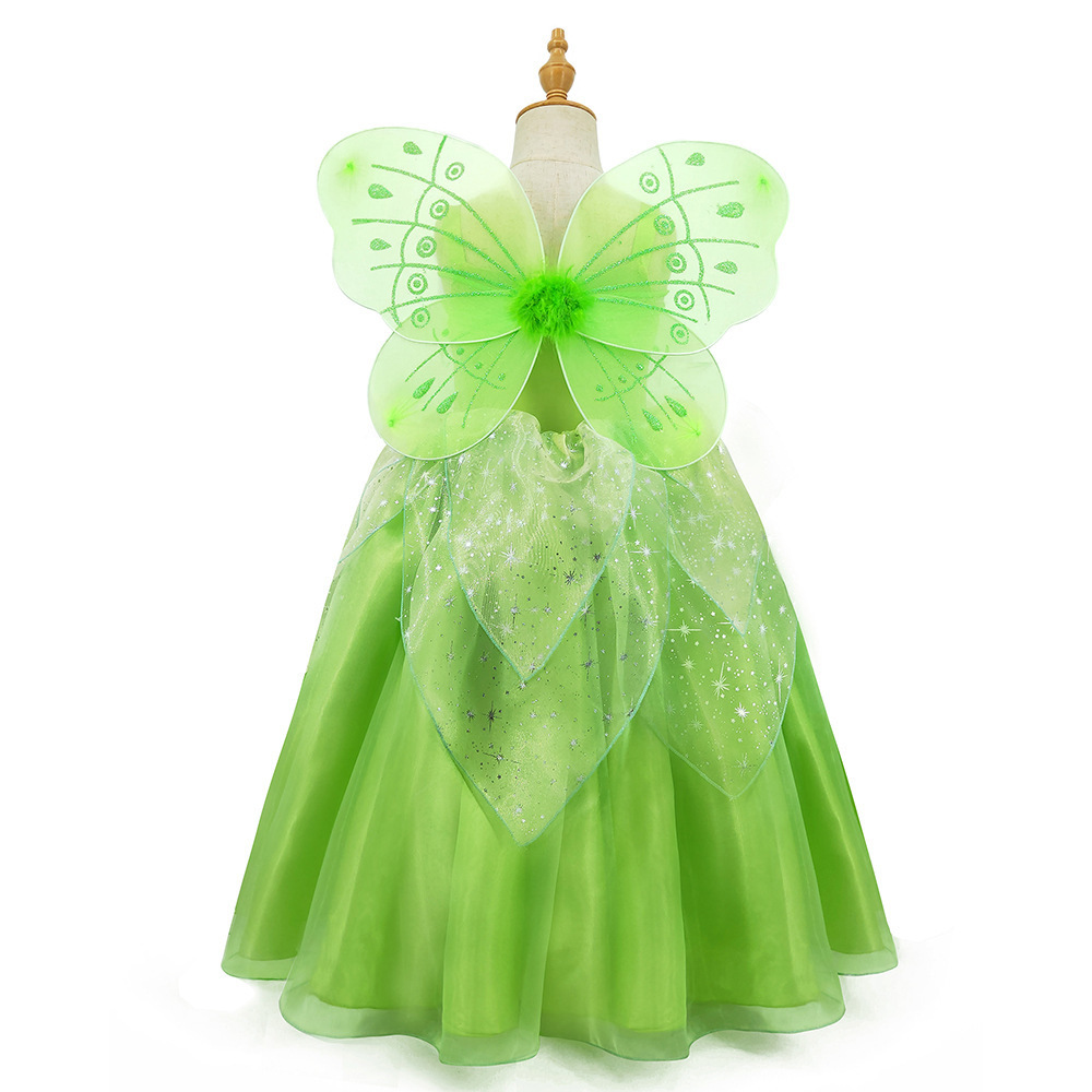 Cute Little Girls Princess Ball Gown Outfit Tinker Bell Cosplay Green Fairy Dress With Butterfly Wing