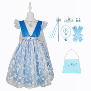 Blue Ice Snowflake Elsa Princess Dress Up Costume Short Sleeve Girls Cosplay Dress Cape with Accessories For Kids Girls