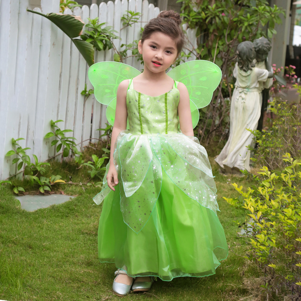 Cute Little Girls Princess Ball Gown Outfit Tinker Bell Cosplay Green Fairy Dress With Butterfly Wing