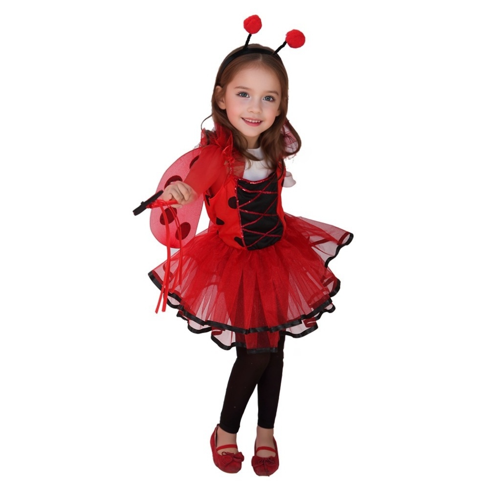 Popular Girls Halloween Ladybug Dress with Wings and Magic Wand Kids Girl's Ladybird Performance Dress Up