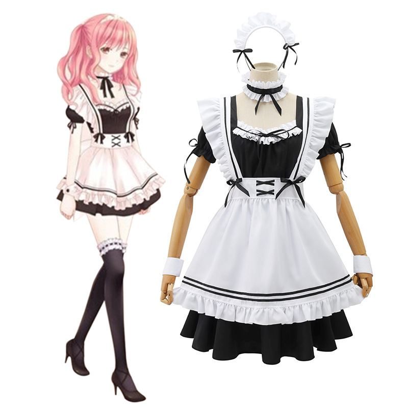 Ladies Anime Cosplay Sexy Maid Outfit for Women French Black White Bow Apron Dress Halloween Lolita Makeup Costume