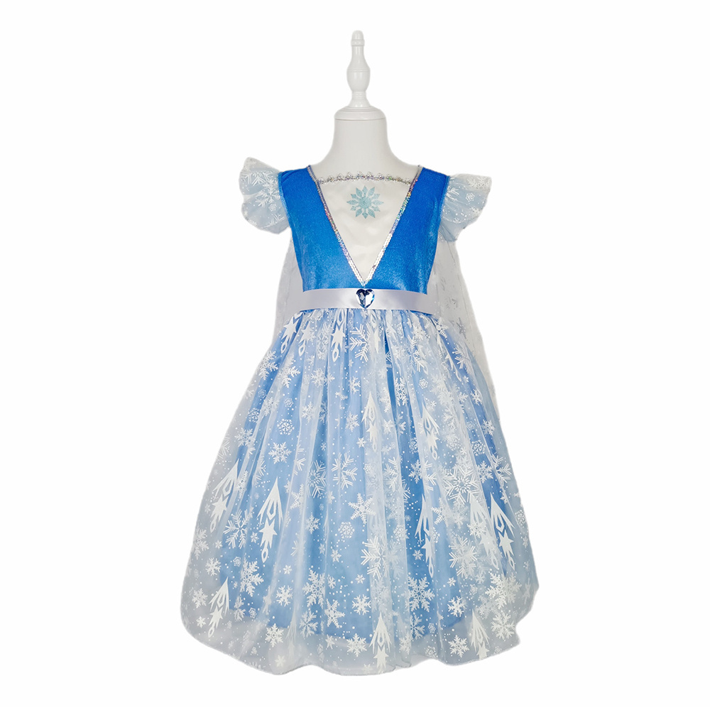 Blue Ice Snowflake Elsa Princess Dress Up Costume Short Sleeve Girls Cosplay Dress Cape with Accessories For Kids Girls