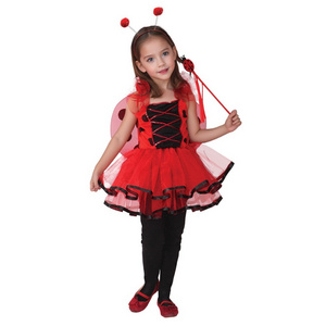 Popular Girls Halloween Ladybug Dress with Wings and Magic Wand Kids Girl's Ladybird Performance Dress Up