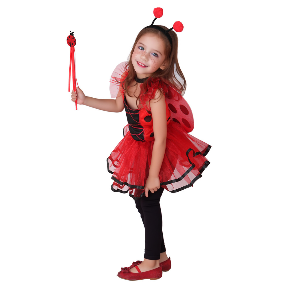 Popular Girls Halloween Ladybug Dress with Wings and Magic Wand Kids Girl's Ladybird Performance Dress Up