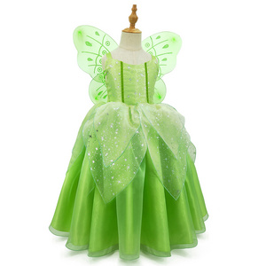 Cute Little Girls Princess Ball Gown Outfit Tinker Bell Cosplay Green Fairy Dress With Butterfly Wing