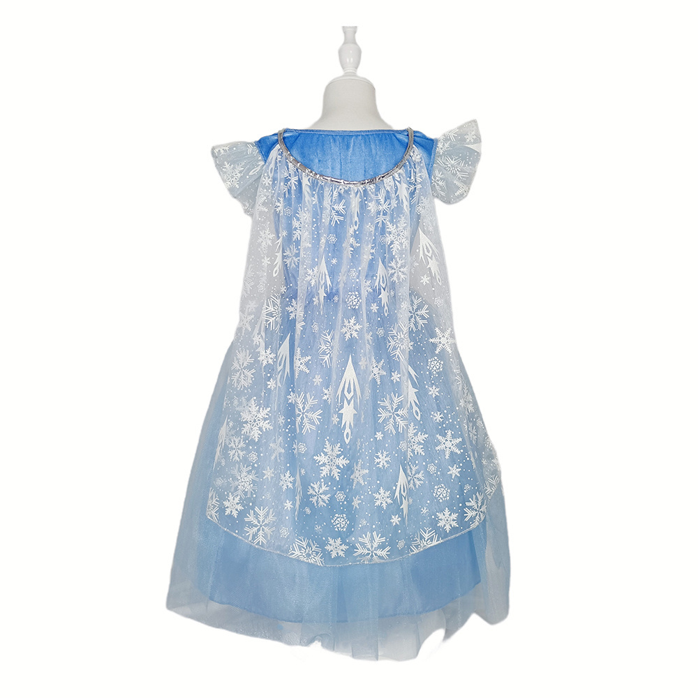 Blue Ice Snowflake Elsa Princess Dress Up Costume Short Sleeve Girls Cosplay Dress Cape with Accessories For Kids Girls