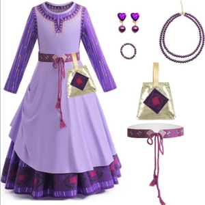 Wish Asha Girls Purple Costume Dress Kids Halloween Party Carnival Princess Asha Outfits with Accessories Asha Dress Up Set