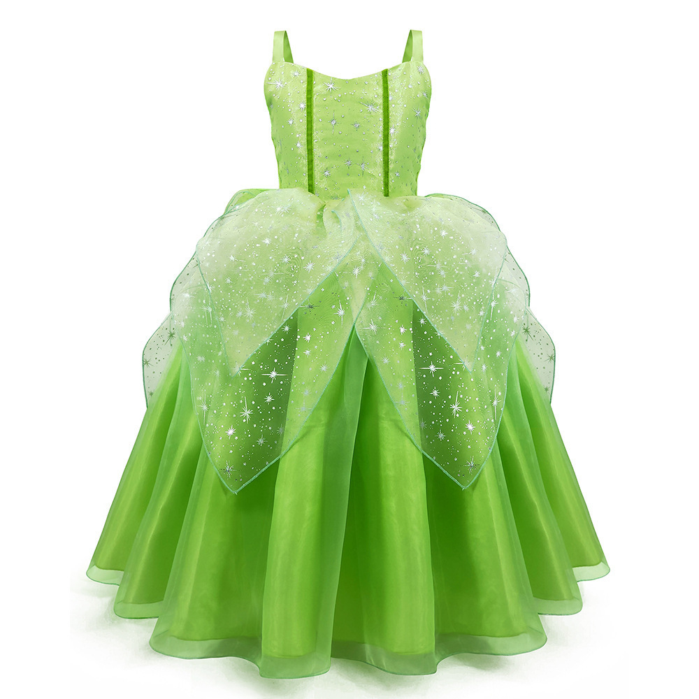 Cute Little Girls Princess Ball Gown Outfit Tinker Bell Cosplay Green Fairy Dress With Butterfly Wing