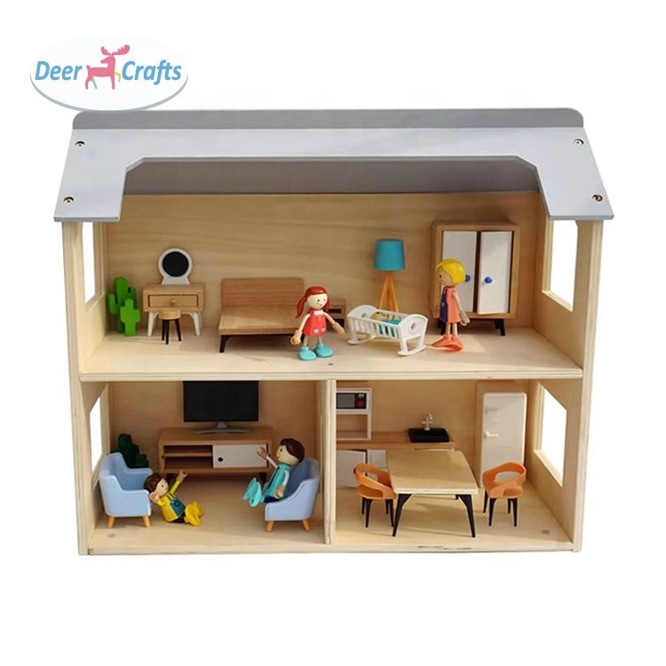 Hot Sale Pretend Role Play Mini 2 Floors Wooden Dollhouse With Frunitures DA06538