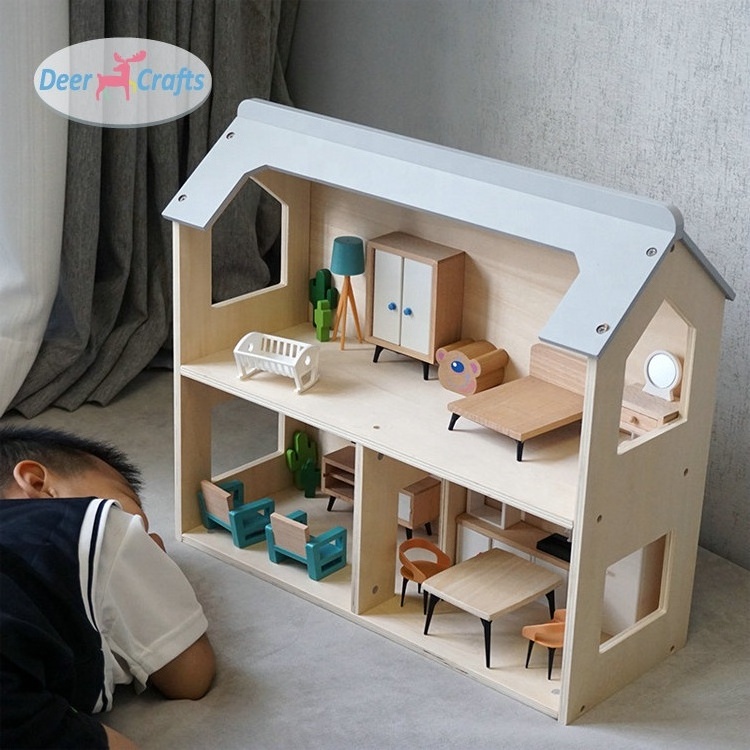 Hot Sale Pretend Role Play Mini 2 Floors Wooden Dollhouse With Frunitures DA06538