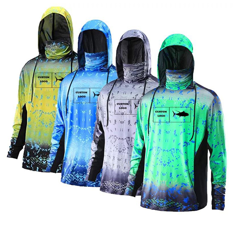 Custom upf50+ Anti Uv Sun Protection Clothing Sublimation Print Mens Long Sleeve Hooded Fishing Wear Quick Dry Fishing Shirts