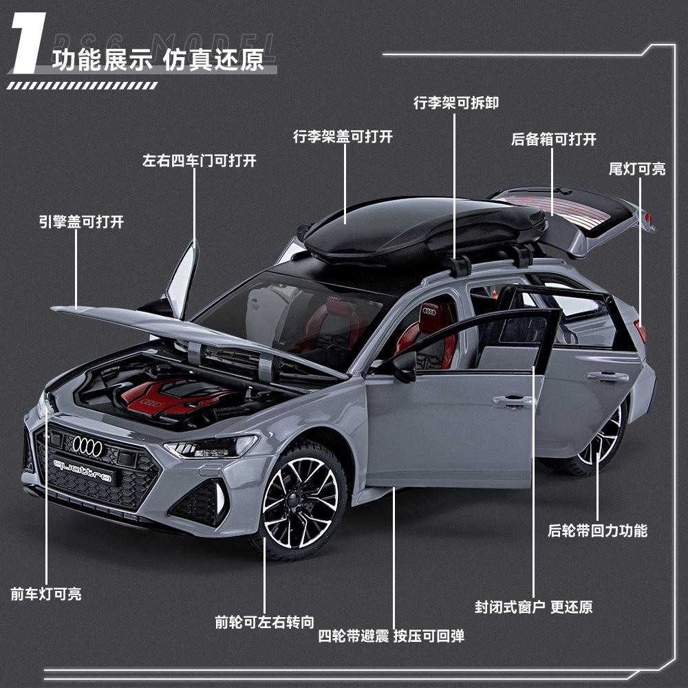 Die casting 1:24 Audi RS6 alloy car model simulation car toy pullback  sound and light metal collection car model