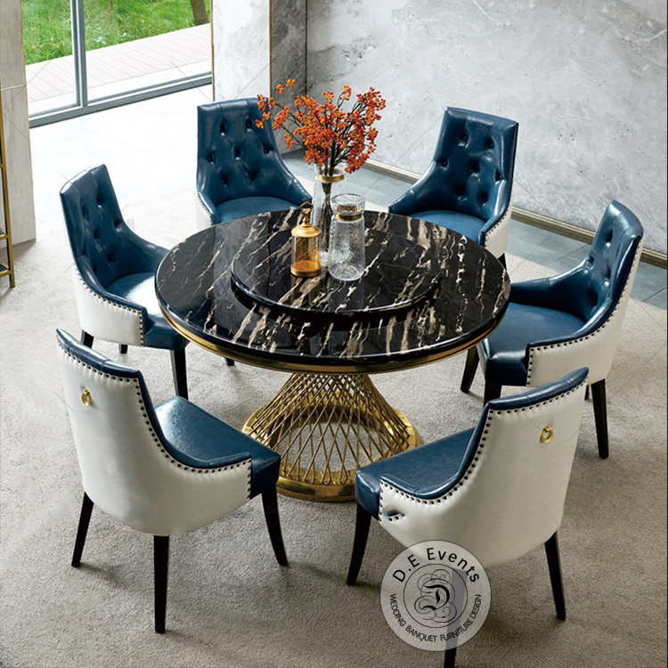 Elegant Round Solid White and Black Marble Top Dining Table for Banquets