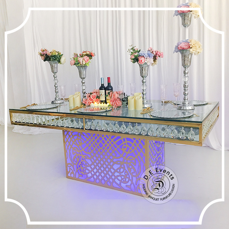 wedding supplies rectangle gold stainless steel design base glass top led crystal wedding dining table