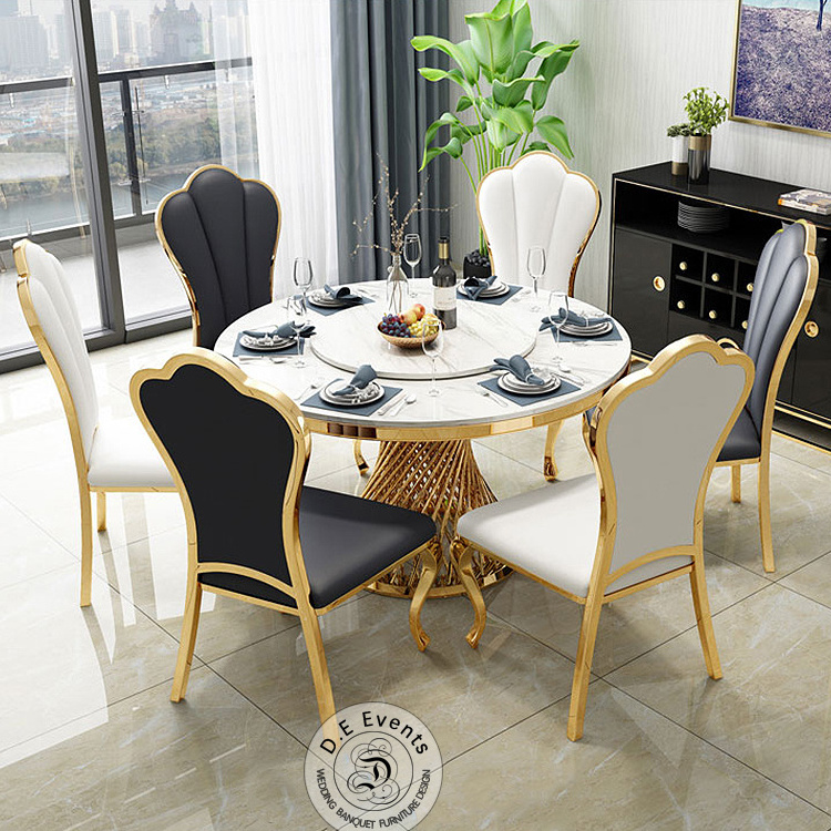 Elegant Round Solid White and Black Marble Top Dining Table for Banquets