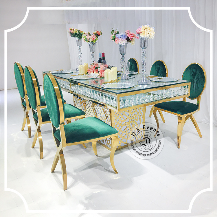 wedding supplies rectangle gold stainless steel design base glass top led crystal wedding dining table