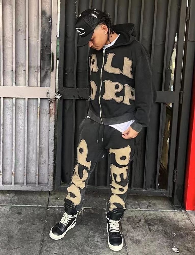 Custom Tracksuit Men Streetwear Distressed Patch Cut and Sew Patchwork hoodie and Sweatpants Set Sweatsuit