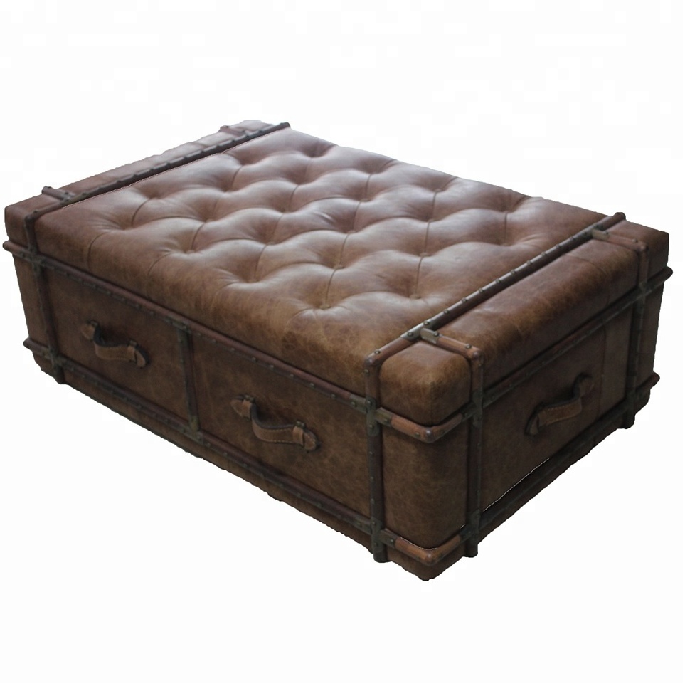 Living Room Mirrored Surface Vintage Tufted Genuine Leather Ottoman Coffee Table