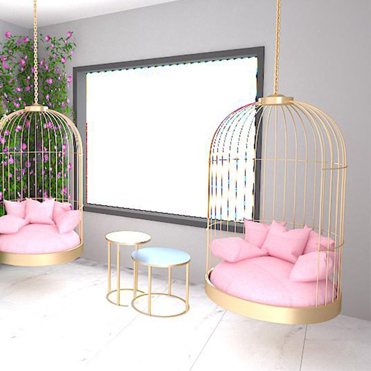 Luxury Design Hotel Lobby Furniture Gold Plated Stainless Steel Wedding Throne Birdcage Chair Hanging Velvet Seat Chair